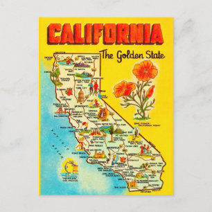 Retro Calfornia State Map Postcard