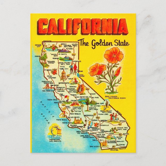 Retro Calfornia State Map  Postcard (Front)