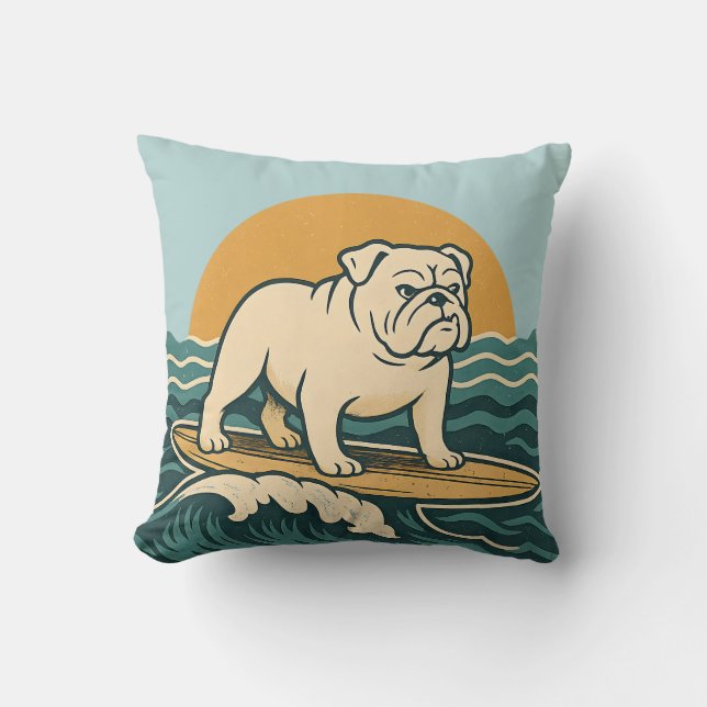 Retro Cali Surfer Dog Reversible Surfboard Graphic Throw Pillow (Front)