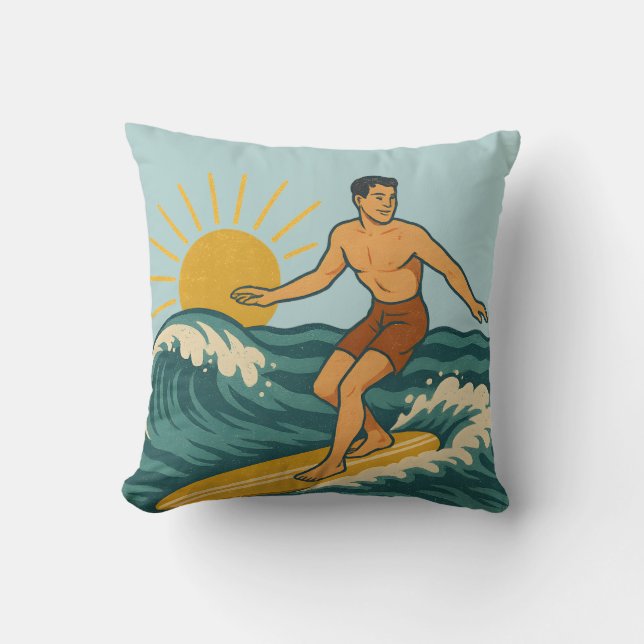Retro Cali Surfer Reversible Surfboard Print Blue Throw Pillow (Front)