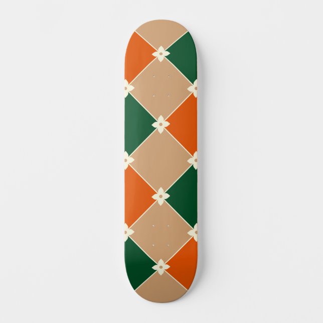 Retro California 70s Argyle Pattern Orange Green Skateboard (Front)