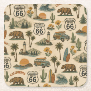 Retro California Route 66 Tabletop Escape Square Paper Coaster
