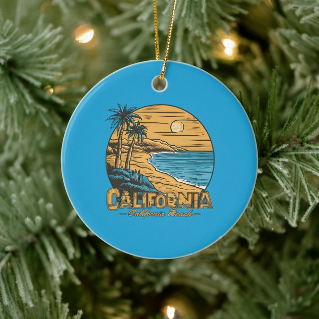 Retro California Sunset Beach Scene Ceramic Ornament (Tree)