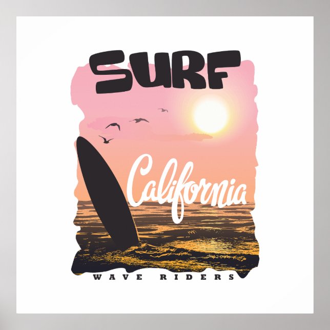 Retro California Surf Sunset & Waves Graphic Art Poster (Front)