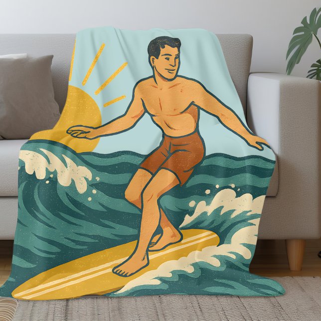 Retro California Surfer | Coastal Blue Surf Beach Fleece Blanket (Creator Uploaded)