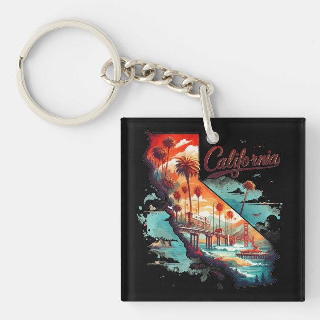 Retro California USA Map Travel Souvenir Keychain (Front)