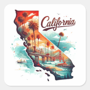 Retro California USA Map Travel Souvenir Square Sticker