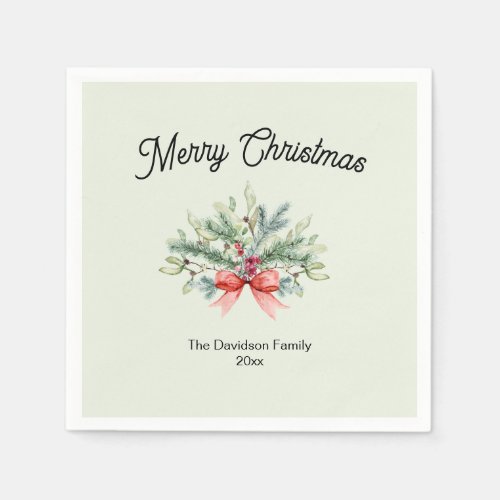 Retro Calligraphy Merry Christmas Family Greenery Napkins