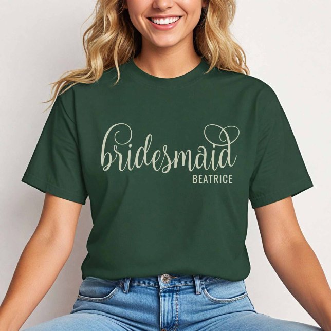 Retro Calligraphy Natural on Forest Bridesmaid  T-Shirt (Natural on Forest Green)