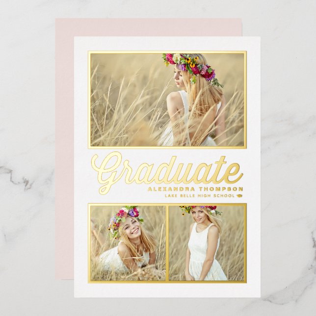 Retro Calligraphy Photo Collage Graduation Foil Invitation (Front/Back)