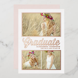 Retro Calligraphy Photo Collage Graduation Rose Foil Invitation