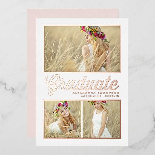 Retro Calligraphy Photo Collage Graduation Rose Foil Invitation (Front/Back)