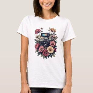 Retro Camera and Floral Art T-Shirt