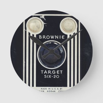 Retro Camera Brownie Target. Round Clock by jahwil at Zazzle