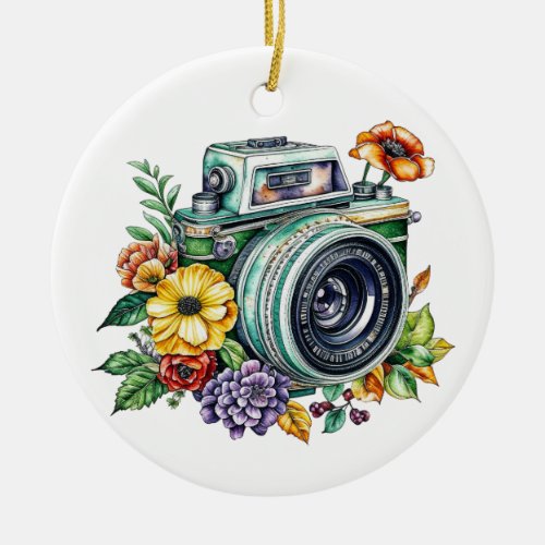 Retro Camera in Vintage Flowers Christmas Ceramic Ornament