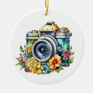 Retro Camera in Vintage Flowers Christmas Ceramic Ornament