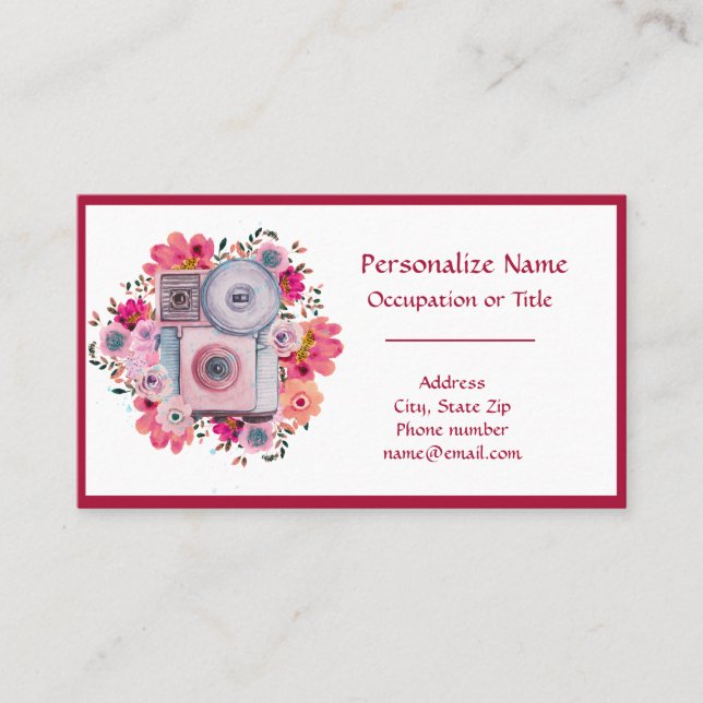 Retro Camera Pink Floral Photograph Photographer Business Card (Front)