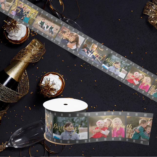 Retro Camera Reel Custom Photo Birthday Gift Wrap Satin Ribbon | Zazzle