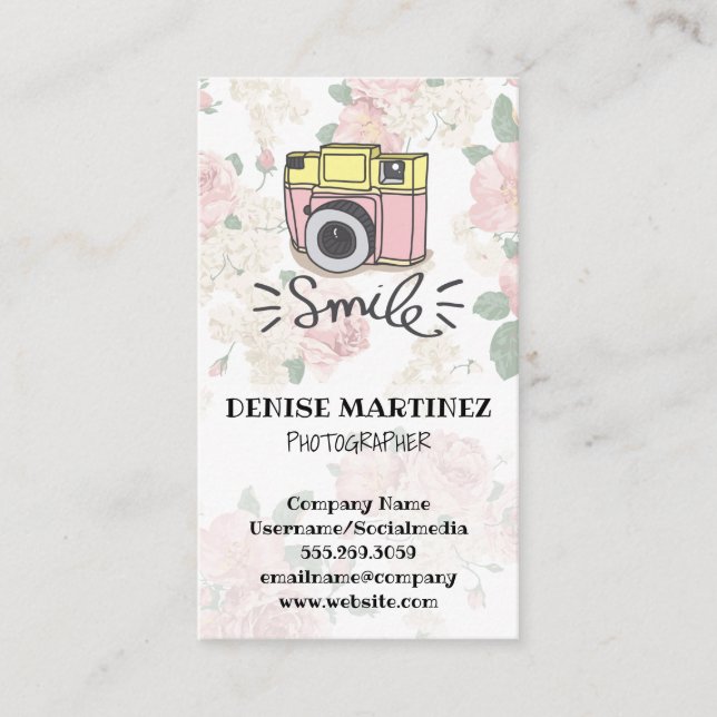 Retro Camera | Vintage Floral Business Card (Front)