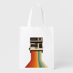 Retro Camera with Rainbow Print Grocery Bag