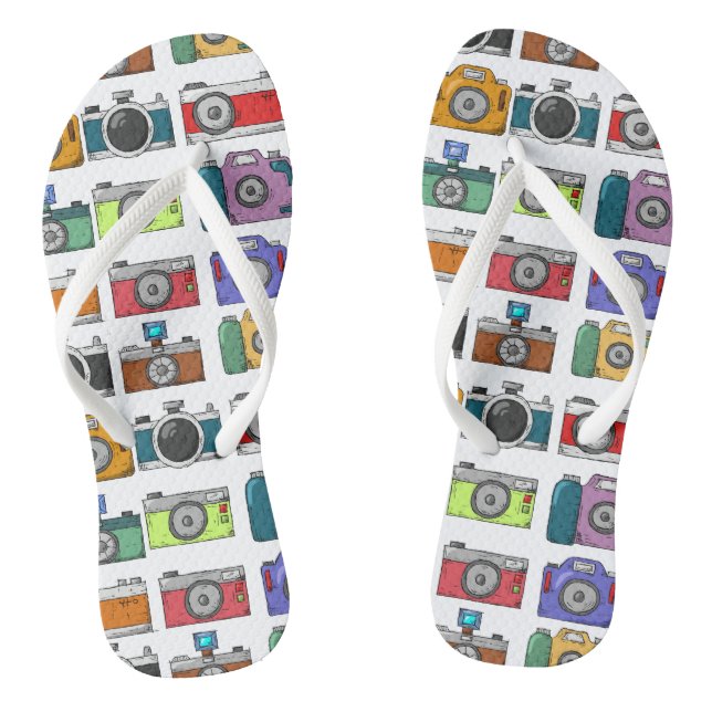 Retro Cameras Colorful Illustrated Pattern Photo Flip Flops (Footbed)