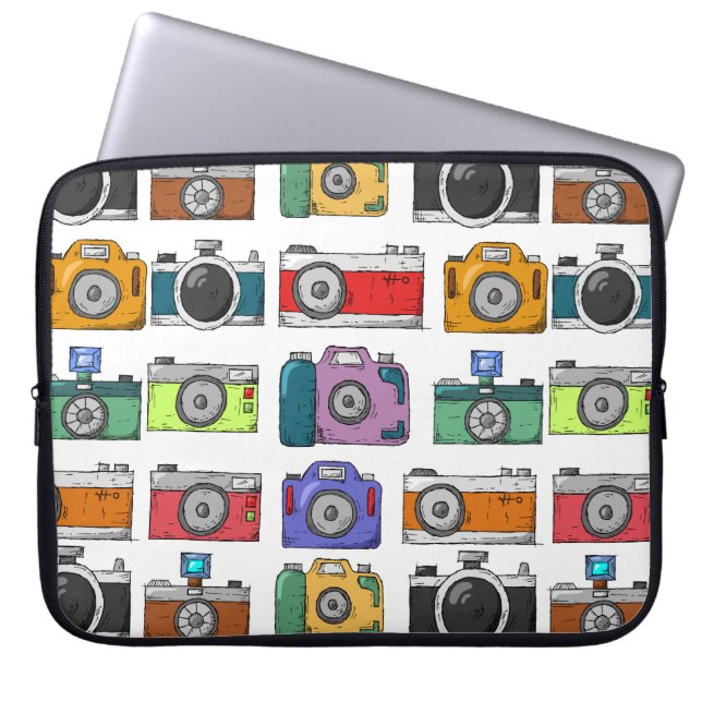 Retro Cameras Colorful Illustrated Pattern Photo Laptop Sleeve (Front)