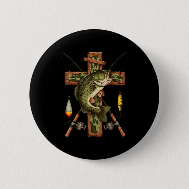 Retro Camo Cross Fishing Rod Hook B Christian Fish Button (Front)