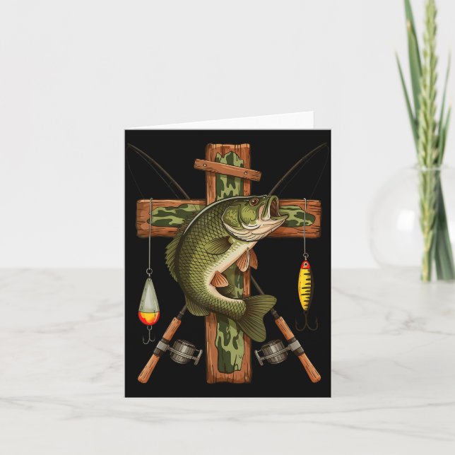 Retro Camo Cross Fishing Rod Hook B Christian Fish Card (Front)