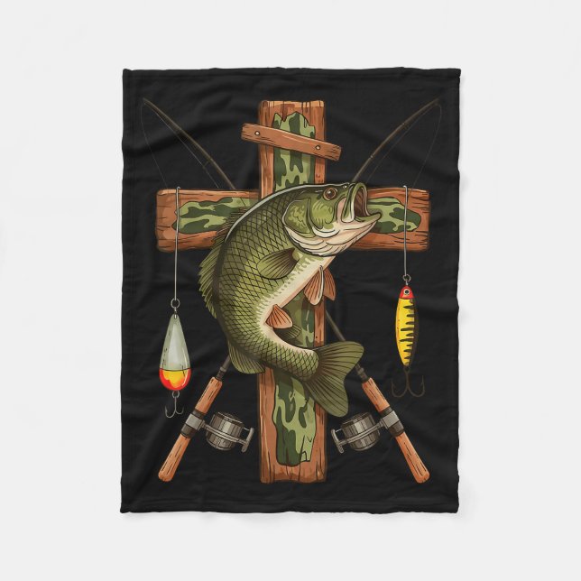 Retro Camo Cross Fishing Rod Hook B Christian Fish Fleece Blanket (Front)