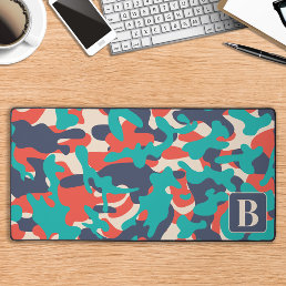 Retro Camo Teal Orange Blue Personalize Camouflage Desk Mat