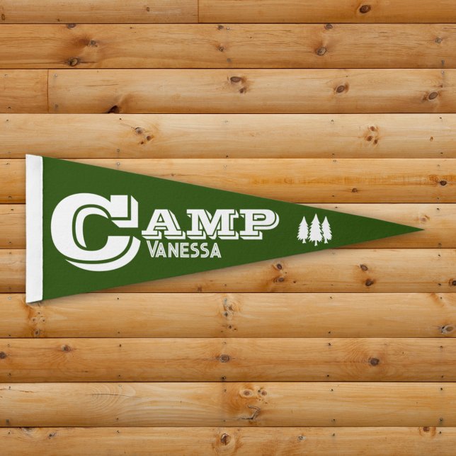 Retro Camp Personalized Forest Green Pennant Flag (Personalized Rustic Retro Camp Bach Felt Pennant in Forest Green)