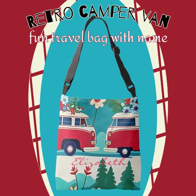 Retro Camper Bus Hippie Flower Fun Crossbody Bag (Easily add your name or other text.)