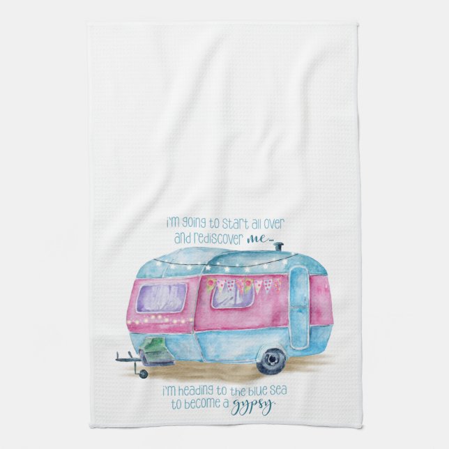 Retro Camper Caravan Blue | Pink & White Glamper Kitchen Towel (Vertical)