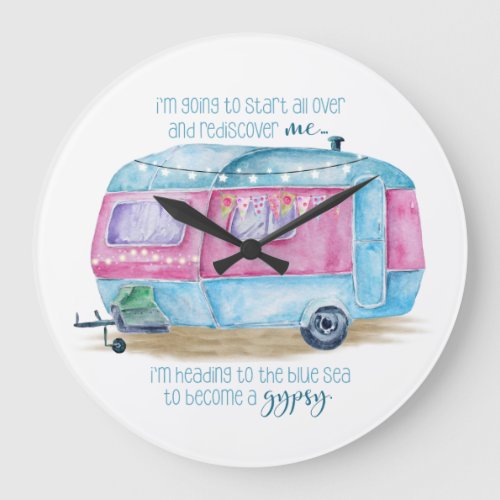 Retro Camper Caravan Blue  Pink  White Glamper Large Clock