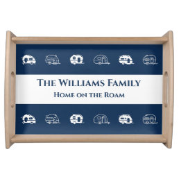 Retro Camper Family Name in Navy Blue and White Serving Tray
