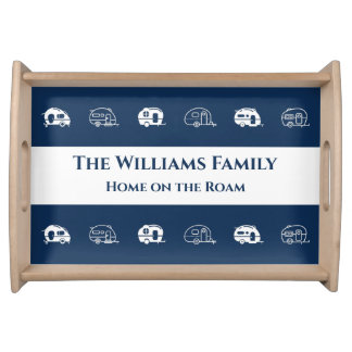 Retro Camper Family Name in Navy Blue and White Serving Tray