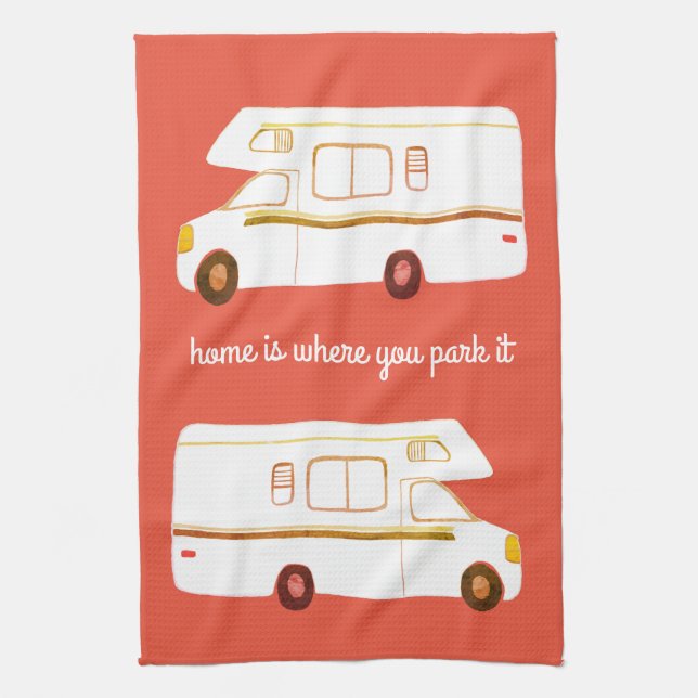 Retro Camper Motorhome RV rust red kitchen towel (Vertical)
