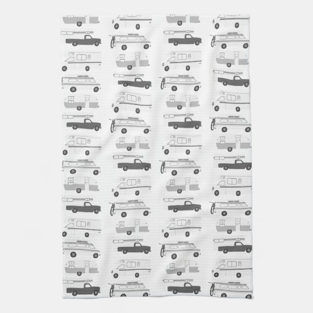 Retro Camper Motorhome RV Vanlife Black Grey White Kitchen Towel (Vertical)