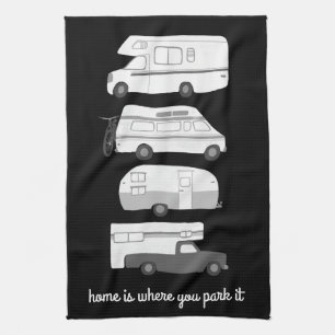 Retro Camper Motorhome RV Vanlife Black White Kitchen Towel