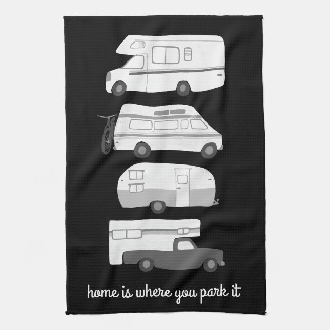 Retro Camper Motorhome RV Vanlife Black White Kitchen Towel (Vertical)