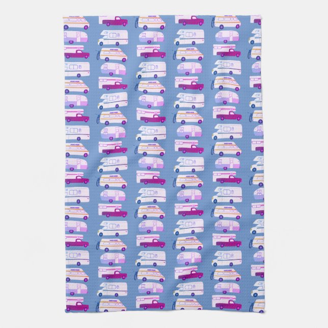 Retro Camper Motorhome RV Vanlife Blue Purple Kitchen Towel (Vertical)