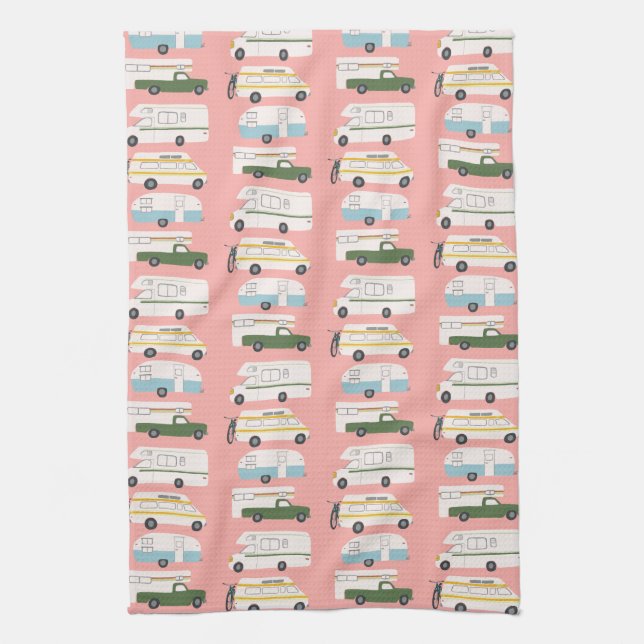 Retro Camper Motorhome RV Vanlife Pink Kitchen Towel (Vertical)
