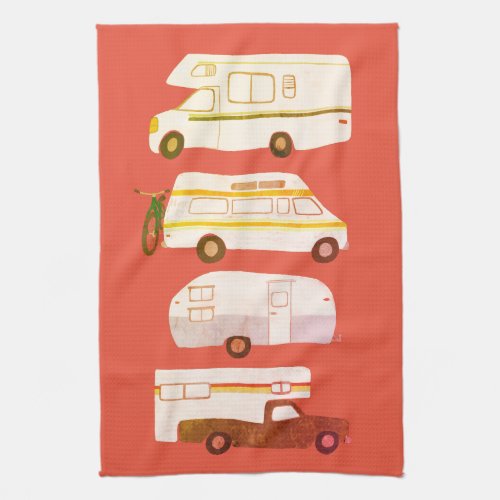 Retro Camper Motorhome RV Vanlife Red Distressed Kitchen Towel