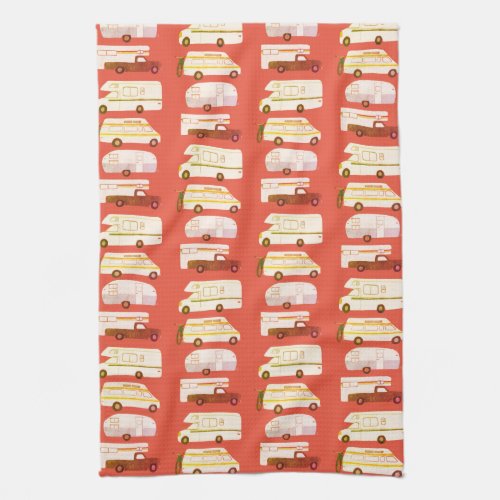 Retro Camper Motorhome RV Vanlife Red Yellow Kitchen Towel