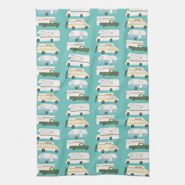 Retro Camper Motorhome RV Vanlife Teal Kitchen Towel (Vertical)