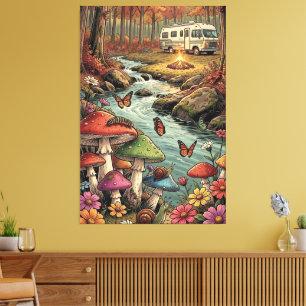 Retro Camper, Mushrooms, Stream and Flowers Canvas Print