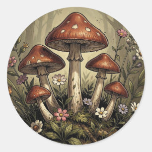Retro Camper, Mushrooms, Stream and Flowers Classic Round Sticker