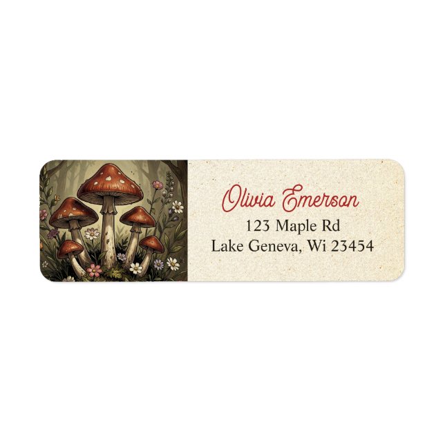 Retro Camper, Mushrooms, Stream and Flowers Label (Front)