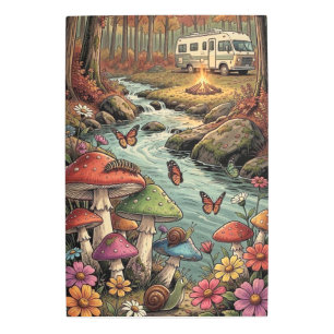 Retro Camper, Mushrooms, Stream and Flowers Metal Print