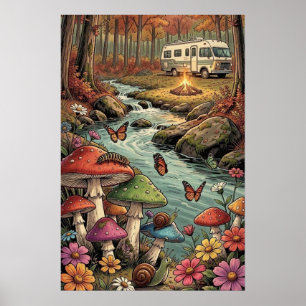 Retro Camper, Mushrooms, Stream and Flowers Poster